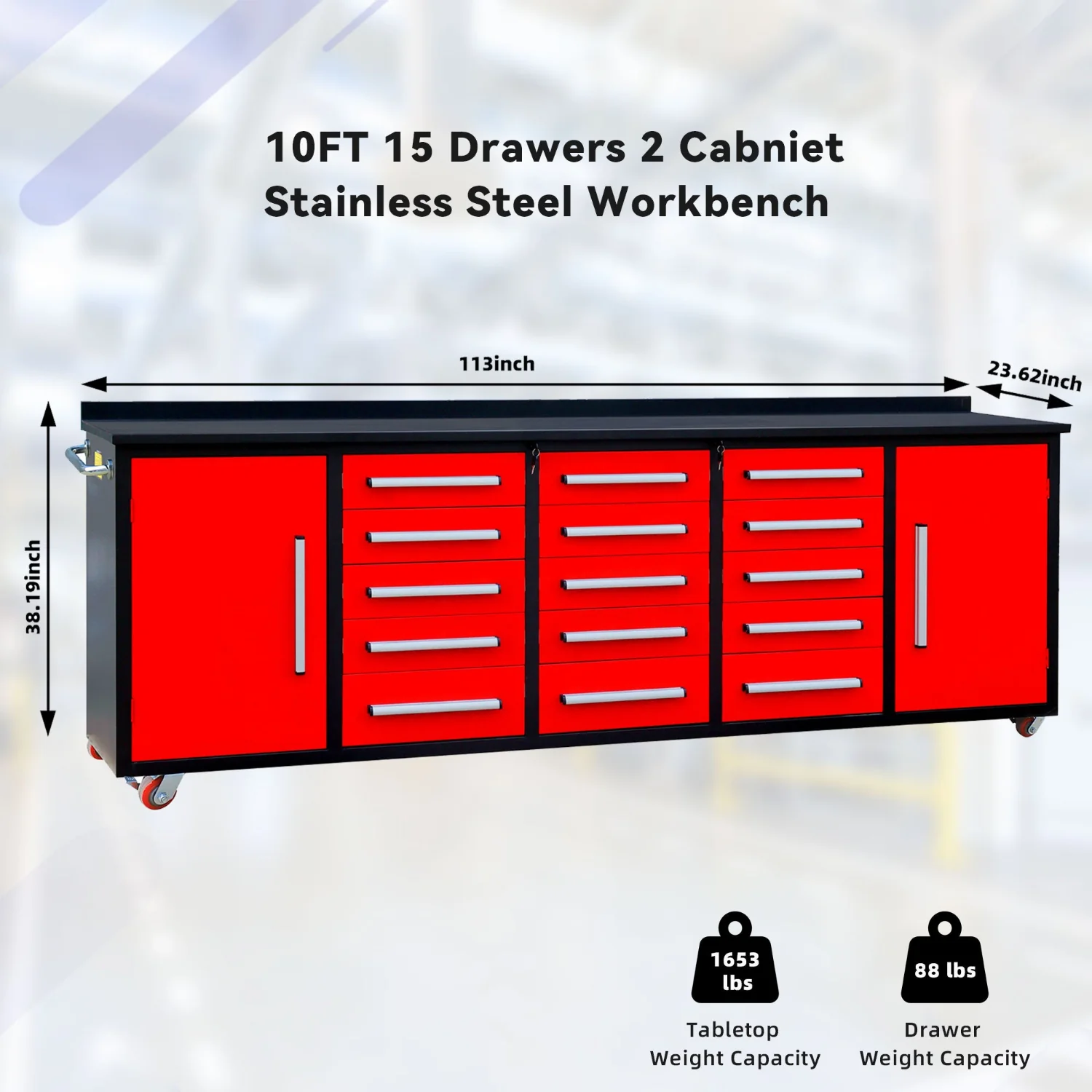 10ft Workbench Storage Cabinet with 15 Drawers & 2 Cabinets - Image 14