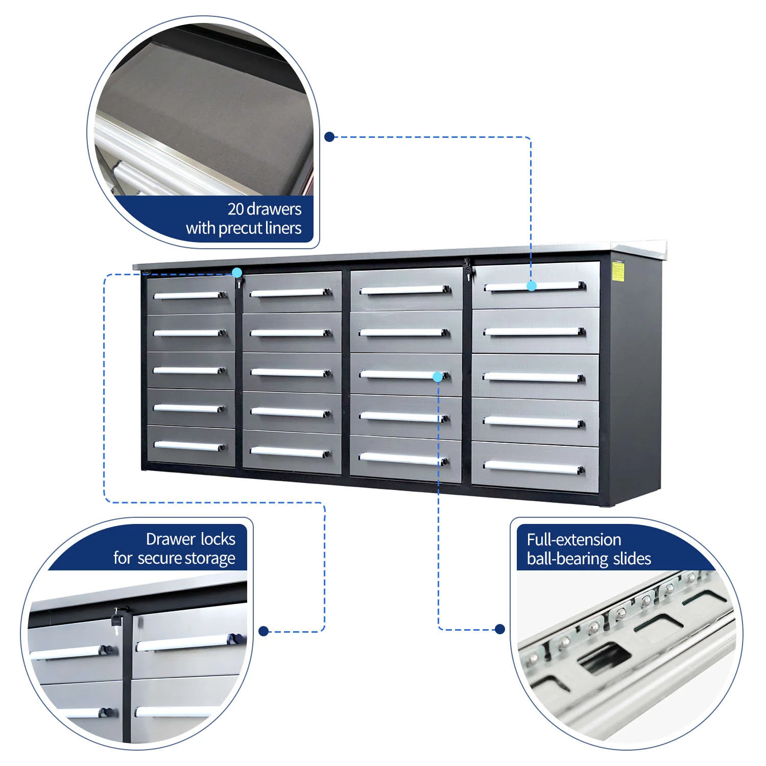 7ft Heavy Duty Garage Workbench Cabinet with 20 Drawers - Image 3